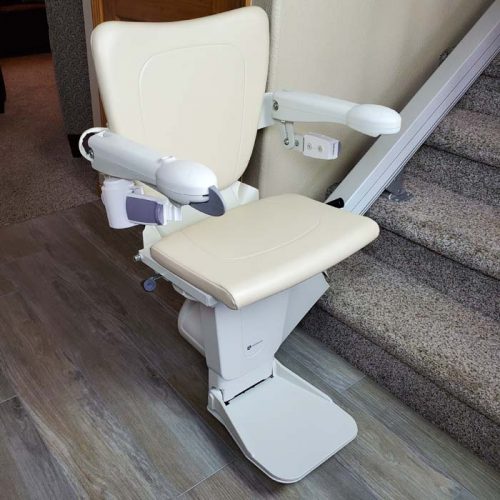 Handicare_1100_ Stairlift_Unfolded_Bottom2 Handicare 1100 stair lift unfolded and parked at the bottom of the stairs in Highland Illinois