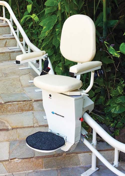 Harmar-Helix-outdoor-curved-stair-lift-on-stone-steps Harmar Helix outdoor curved stair lift on stone steps